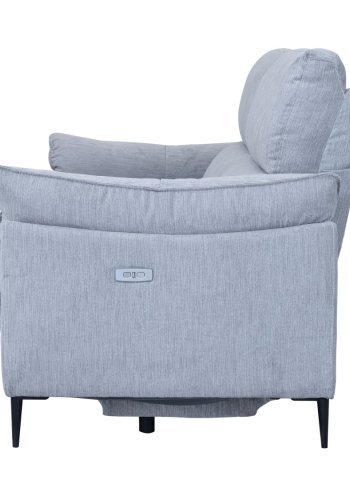 Barcelona 3-Sitzer-Sofa mit Liegefunktion, integriertem Fußhocker, USB-Anschluss – hellgrauer Stoff und schwarzes Metall