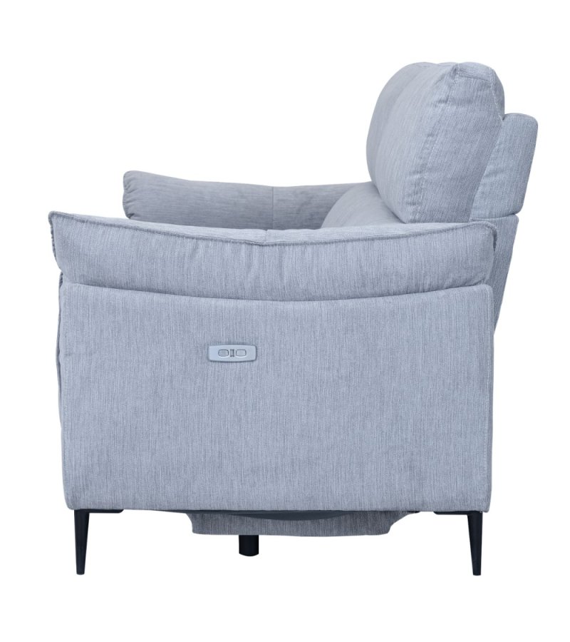 Barcelona 3-Sitzer-Sofa mit Liegefunktion, integriertem Fußhocker, USB-Anschluss – hellgrauer Stoff und schwarzes Metall