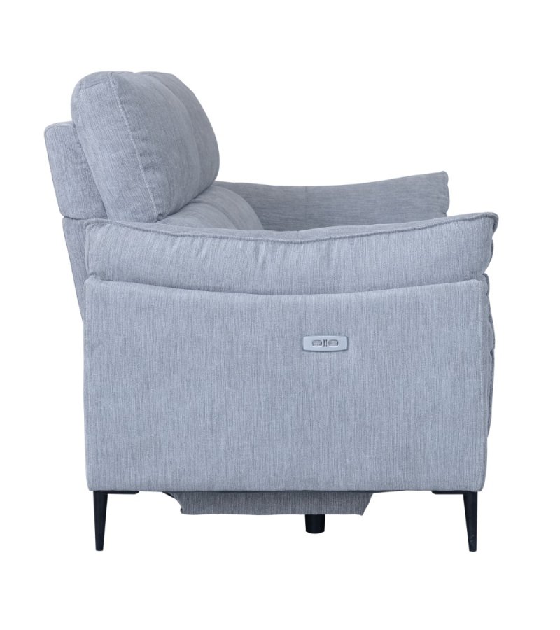 Barcelona 3-Sitzer-Sofa mit Liegefunktion, integriertem Fußhocker, USB-Anschluss – hellgrauer Stoff und schwarzes Metall