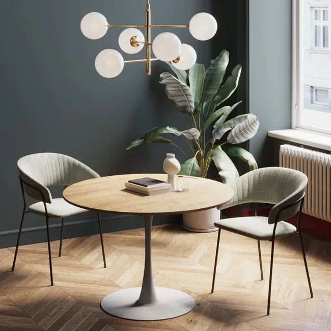 KARE DESIGN Schickeria spisebord, rund - laminat m. egetrslook og hvid stl (110)