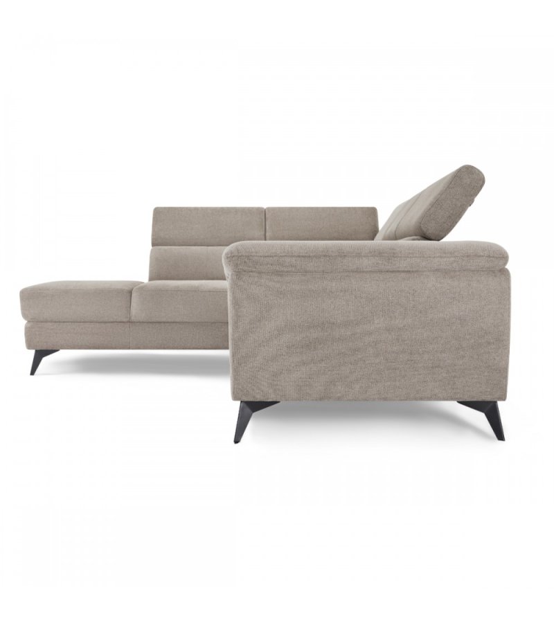 Betis Ecksofa nach links, mit 5 verstellbaren Nackenkissen – brauner Stoff und schwarzes Metall