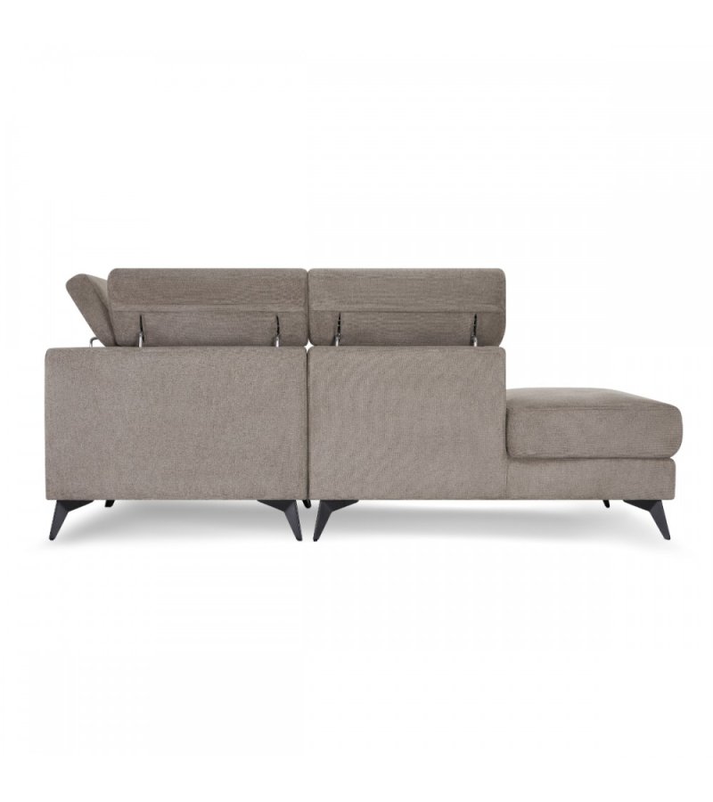 Betis Ecksofa nach links, mit 5 verstellbaren Nackenkissen – brauner Stoff und schwarzes Metall