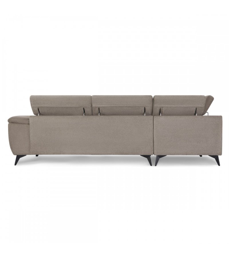 Betis Ecksofa nach links, mit 5 verstellbaren Nackenkissen – brauner Stoff und schwarzes Metall