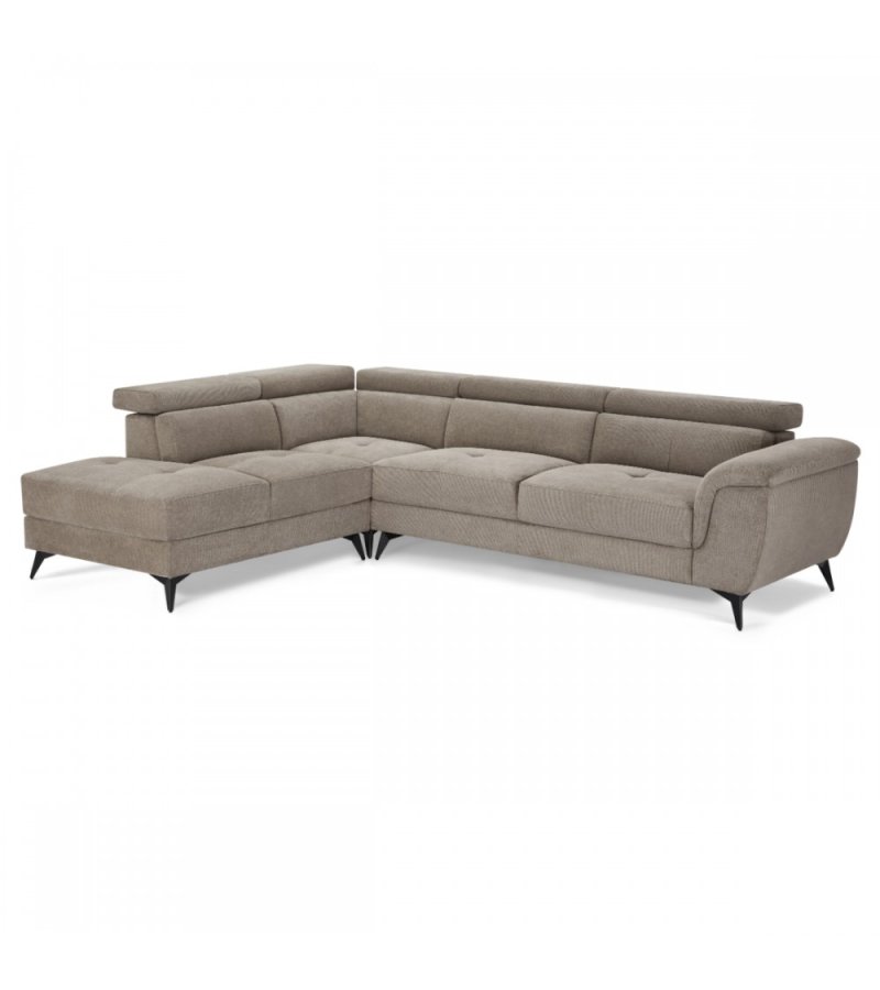 Betis Ecksofa nach links, mit 5 verstellbaren Nackenkissen – brauner Stoff und schwarzes Metall