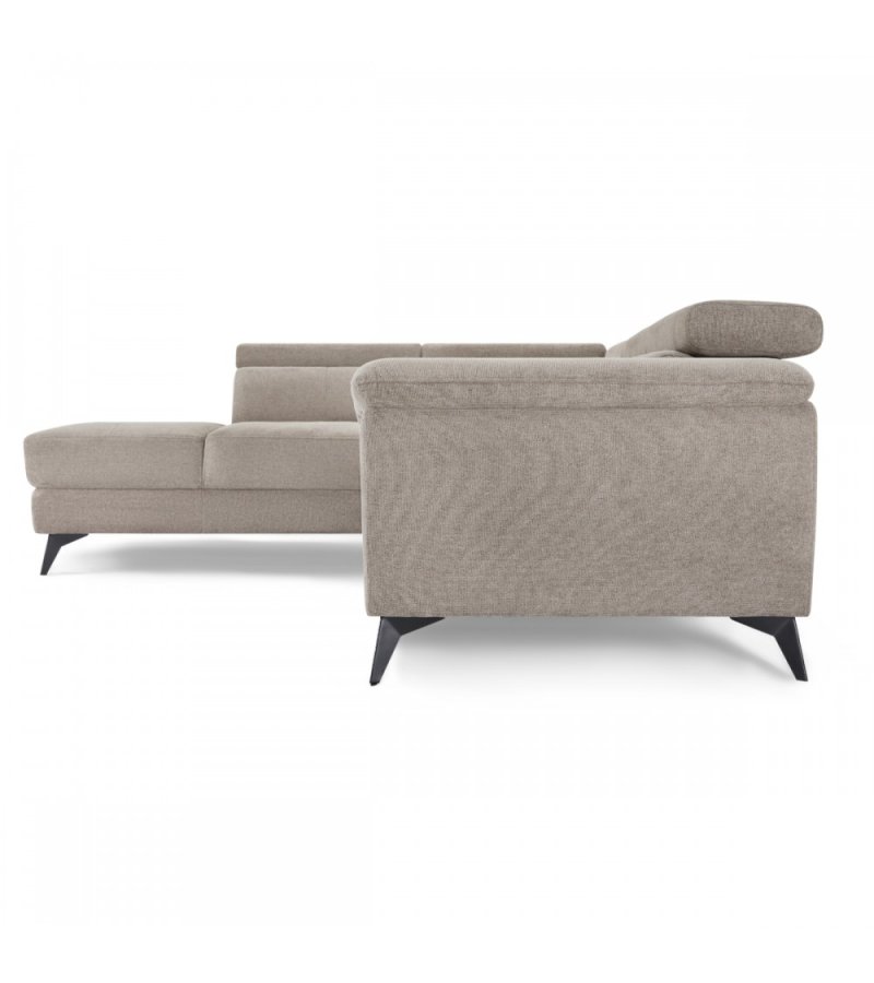 Betis Ecksofa nach links, mit 5 verstellbaren Nackenkissen – brauner Stoff und schwarzes Metall