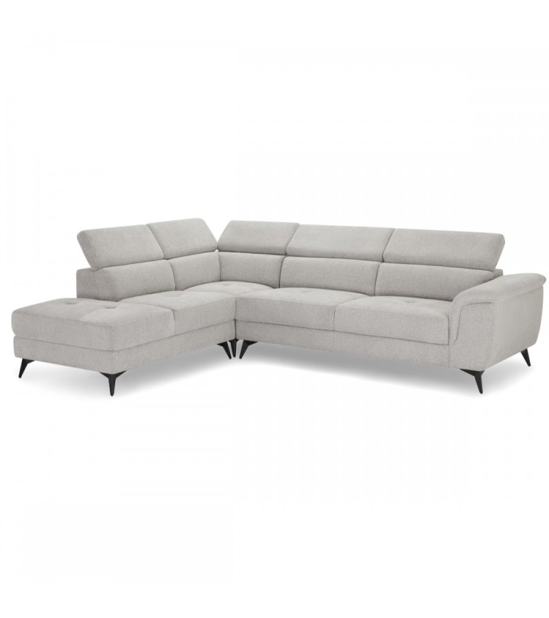 Betis Ecksofa nach links, mit 5 verstellbaren Nackenkissen – grauer Stoff und schwarzes Metall