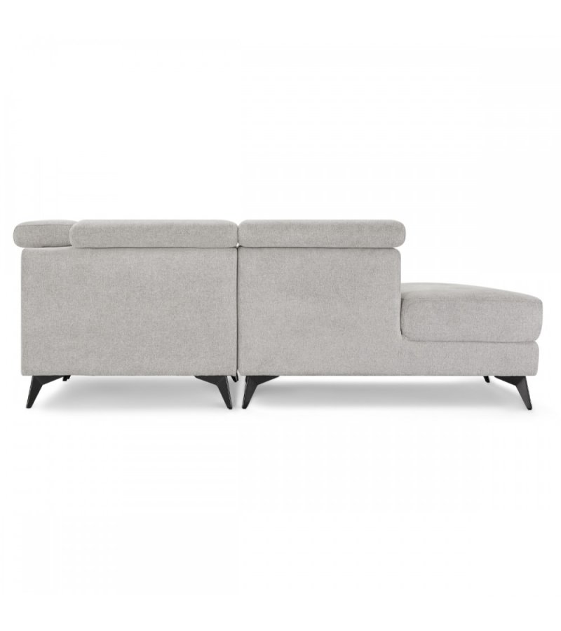 Betis Ecksofa nach links, mit 5 verstellbaren Nackenkissen – grauer Stoff und schwarzes Metall