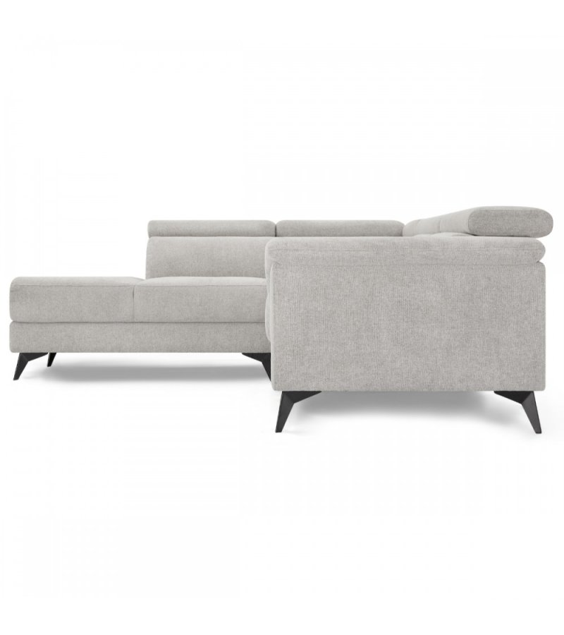 Betis Ecksofa nach links, mit 5 verstellbaren Nackenkissen – grauer Stoff und schwarzes Metall