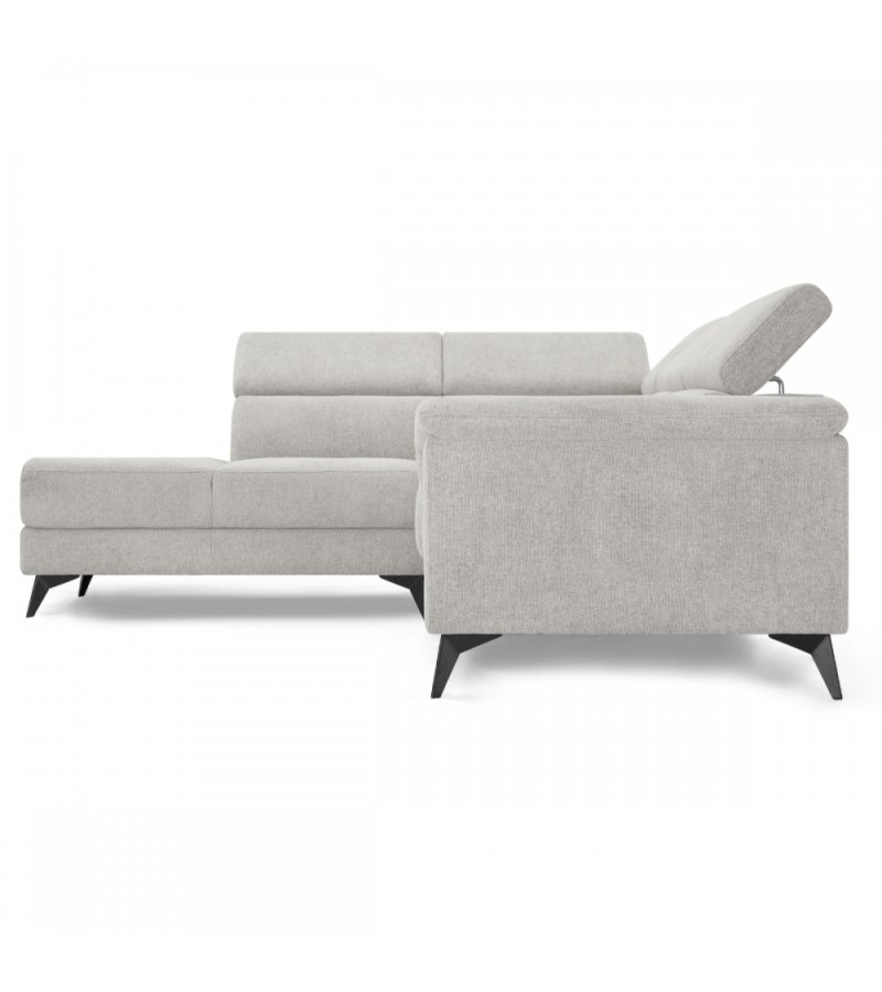 Betis Ecksofa nach links, mit 5 verstellbaren Nackenkissen – grauer Stoff und schwarzes Metall