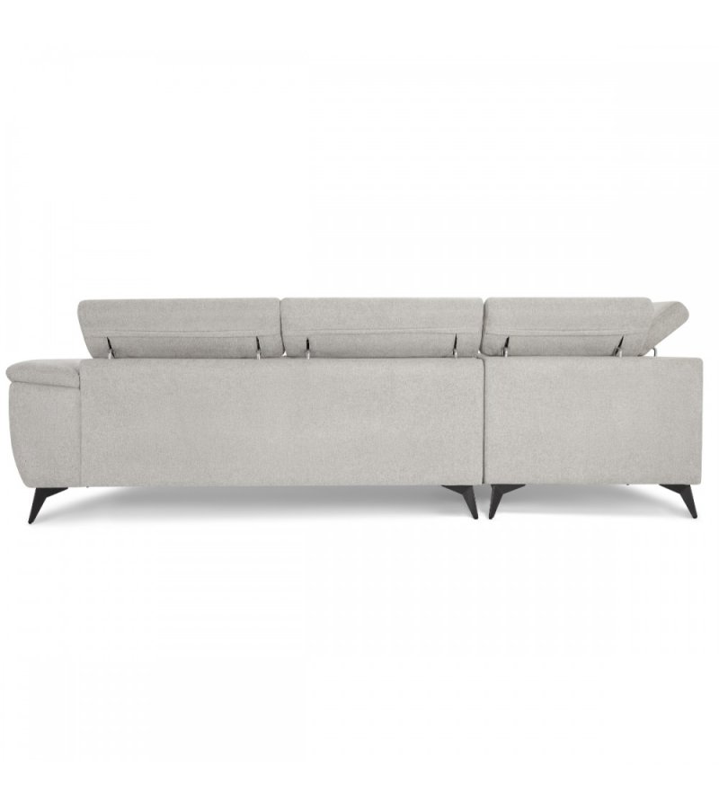 Betis Ecksofa nach links, mit 5 verstellbaren Nackenkissen – grauer Stoff und schwarzes Metall