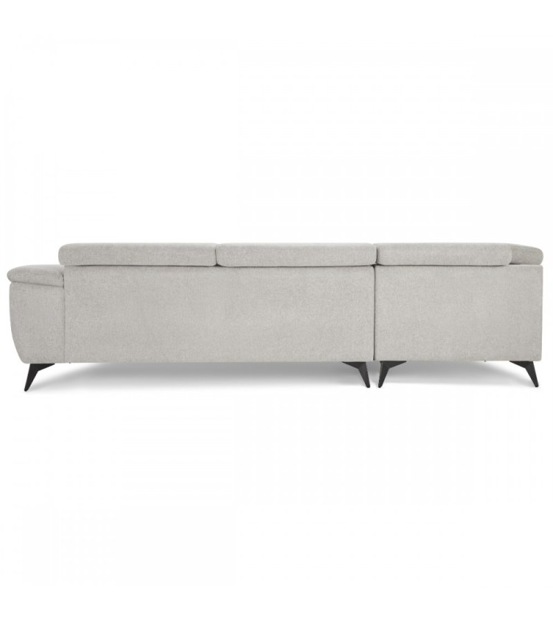 Betis Ecksofa nach links, mit 5 verstellbaren Nackenkissen – grauer Stoff und schwarzes Metall