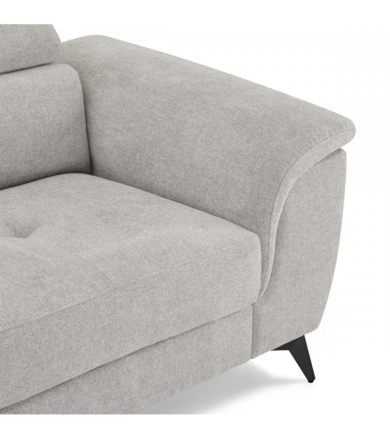 Betis Ecksofa nach links, mit 5 verstellbaren Nackenkissen – grauer Stoff und schwarzes Metall