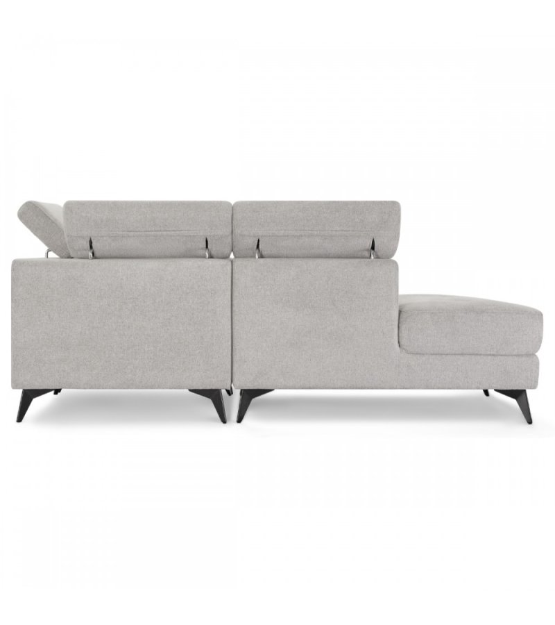 Betis Ecksofa nach links, mit 5 verstellbaren Nackenkissen – grauer Stoff und schwarzes Metall