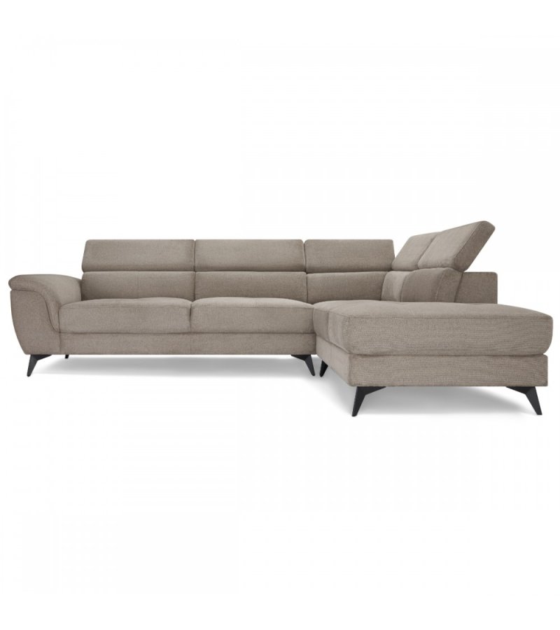 Betis Ecksofa nach rechts, mit 5 verstellbaren Nackenkissen – brauner Stoff und schwarzes Metall