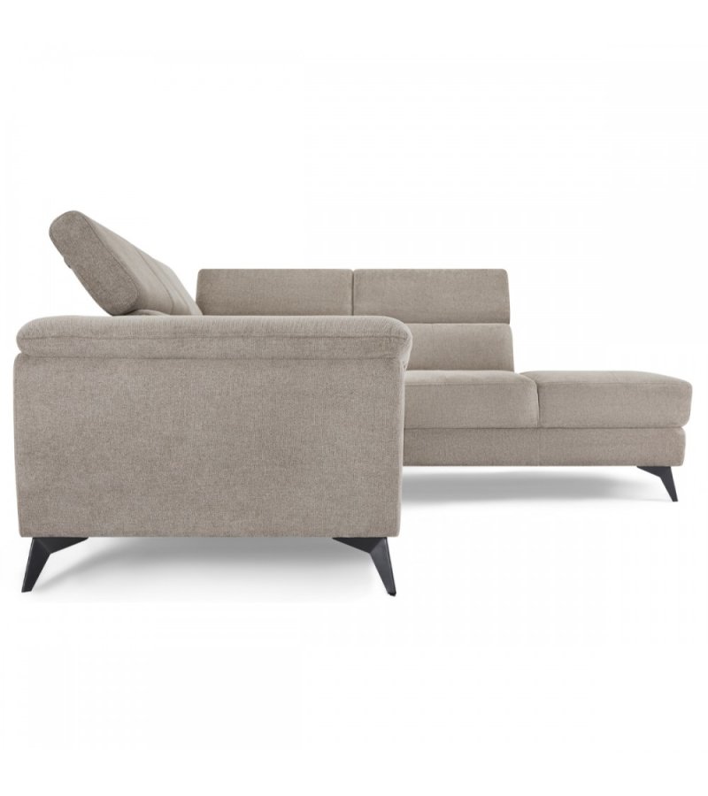 Betis Ecksofa nach rechts, mit 5 verstellbaren Nackenkissen – brauner Stoff und schwarzes Metall