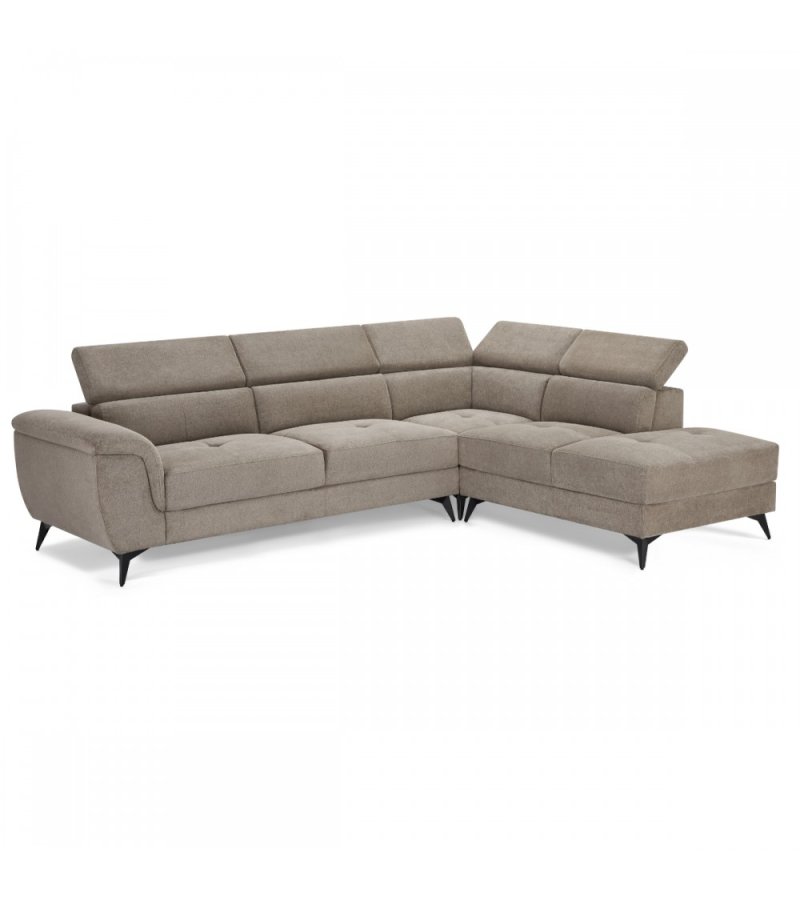 Betis Ecksofa nach rechts, mit 5 verstellbaren Nackenkissen – brauner Stoff und schwarzes Metall