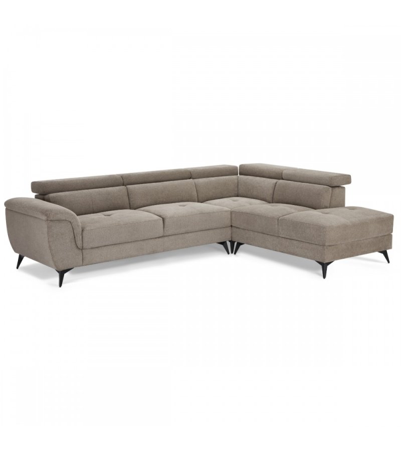 Betis Ecksofa nach rechts, mit 5 verstellbaren Nackenkissen – brauner Stoff und schwarzes Metall