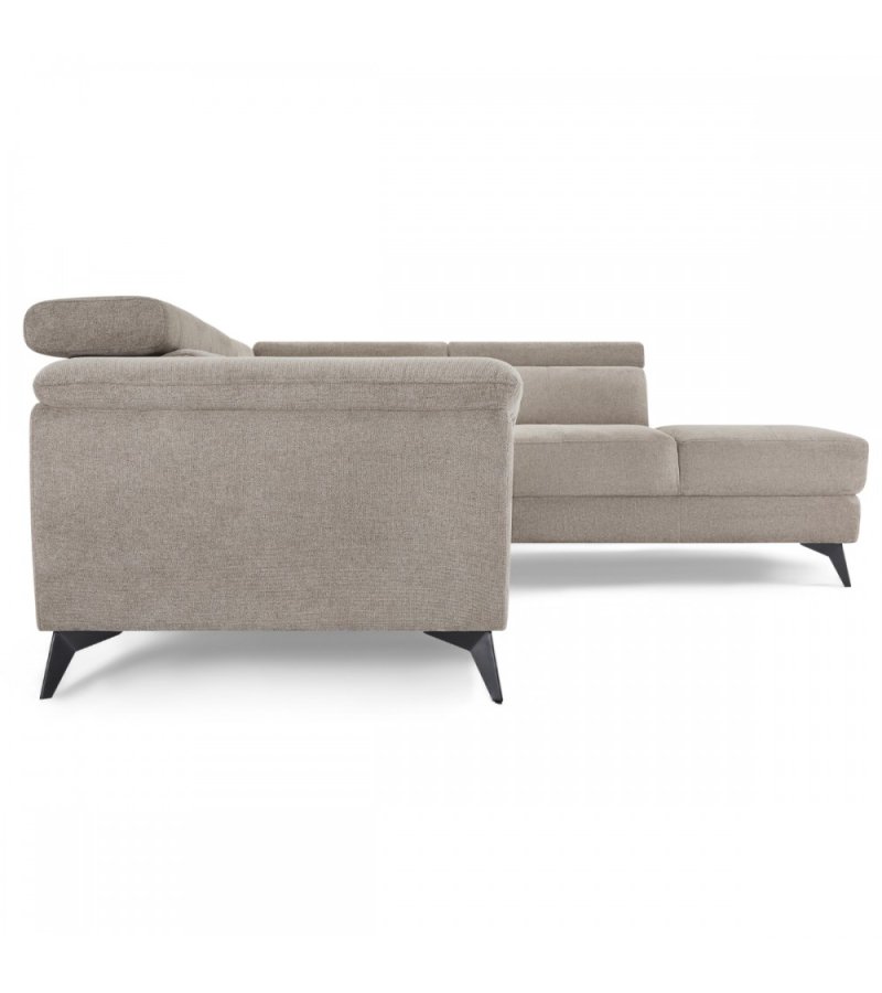 Betis Ecksofa nach rechts, mit 5 verstellbaren Nackenkissen – brauner Stoff und schwarzes Metall