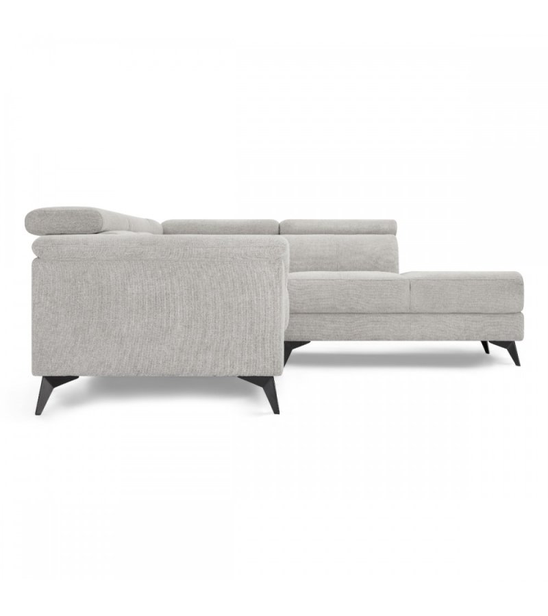 Betis Ecksofa nach rechts, mit 5 verstellbaren Nackenkissen – grauer Stoff und schwarzes Metall