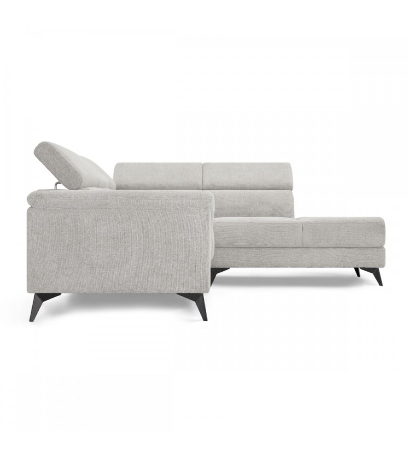 Betis Ecksofa nach rechts, mit 5 verstellbaren Nackenkissen – grauer Stoff und schwarzes Metall