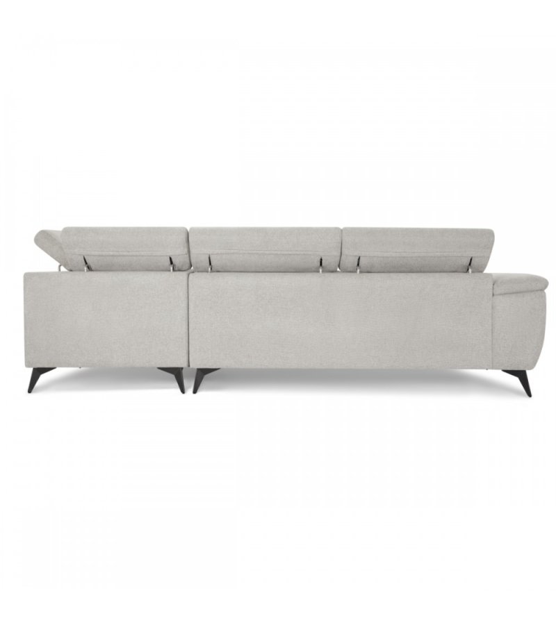 Betis Ecksofa nach rechts, mit 5 verstellbaren Nackenkissen – grauer Stoff und schwarzes Metall