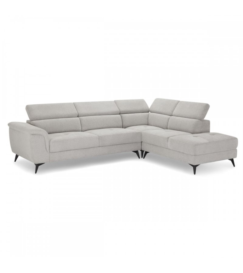 Betis Ecksofa nach rechts, mit 5 verstellbaren Nackenkissen – grauer Stoff und schwarzes Metall