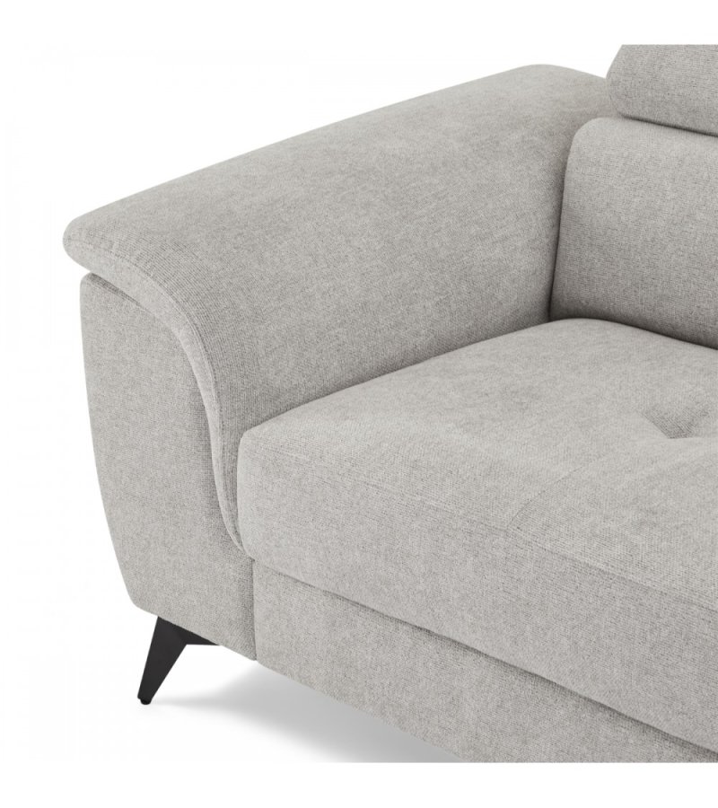 Betis Ecksofa nach rechts, mit 5 verstellbaren Nackenkissen – grauer Stoff und schwarzes Metall