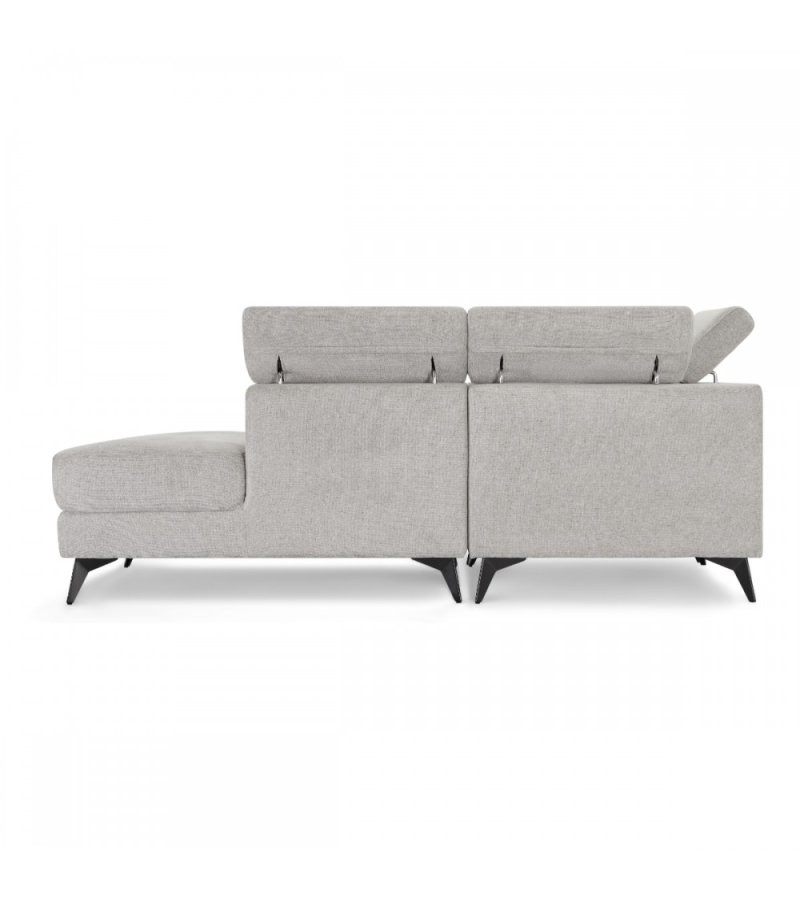 Betis Ecksofa nach rechts, mit 5 verstellbaren Nackenkissen – grauer Stoff und schwarzes Metall