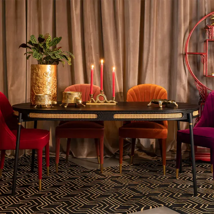 BOLD MONKEY Don't Stop The Webbing Esstisch, rund – schwarzes Furnier, Rattan und schwarzes Eisen (180 x 90)