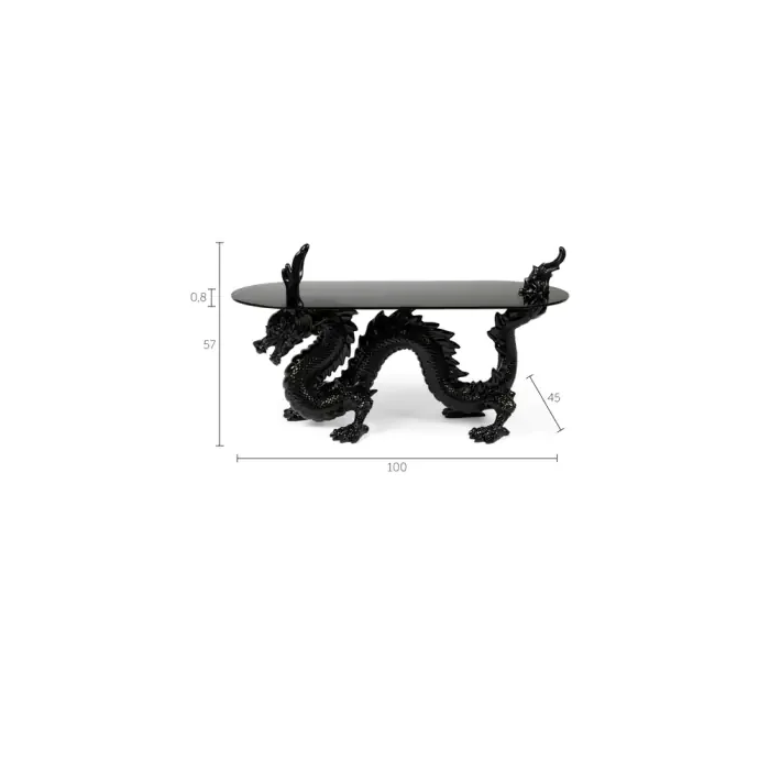 BOLD MONKEY Dragonized Bastard Couchtisch, oval – rauchschwarzes Glas und schwarzes Harz/Eisen (100 x 45)