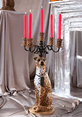 BOLD MONKEY Stehlampe „Proudly Crowned Panther“ – schwarze Galvanisierung und braunes Panther-Print-Harz