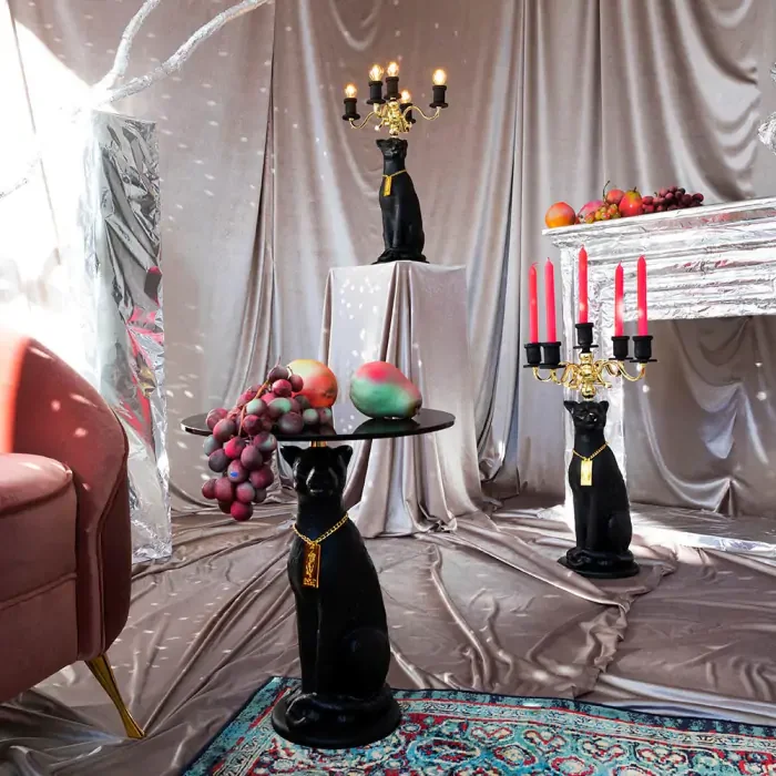 BOLD MONKEY Kerzenhalter „Proudly Crowned Panther“, für 5 Kerzen – galvanisiertes Gold und schwarzes Harz