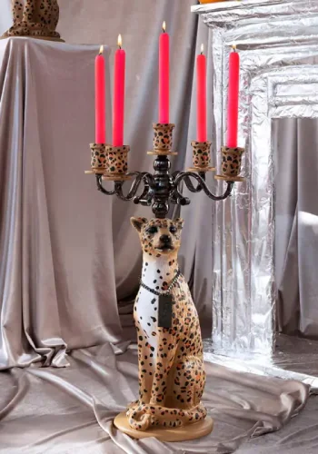 BOLD MONKEY Proudly Crowned Panther lysestake, for 5 lys - svart galvanisering og harpiks med brunt trykk