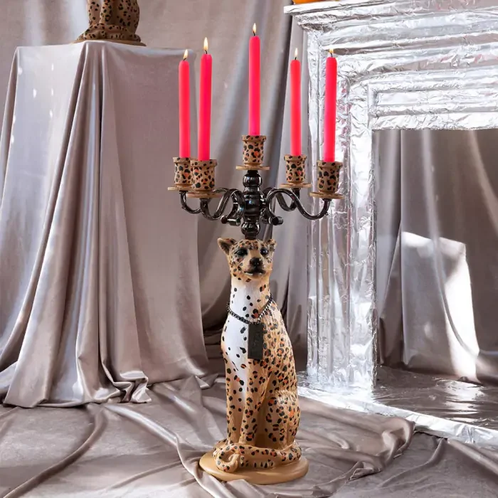 BOLD MONKEY Proudly Crowned Panther lysestake, for 5 lys - svart galvanisering og harpiks med brunt trykk