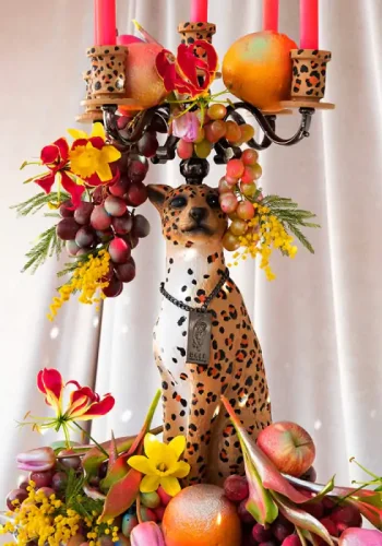 BOLD MONKEY Proudly Crowned Panther lysestake, for 5 lys - svart galvanisering og harpiks med brunt trykk