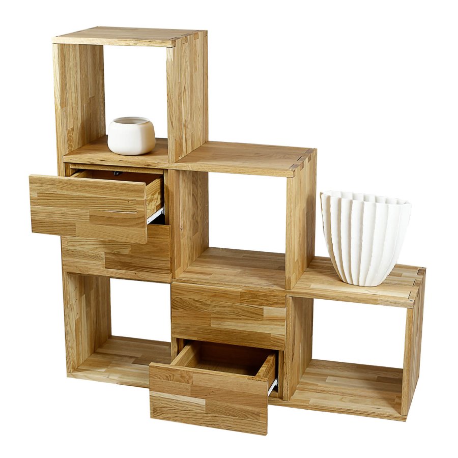 NOCNOI Puzzle asymmetrisk reol, m. 6 rum - massivt olieret eg (104x104)