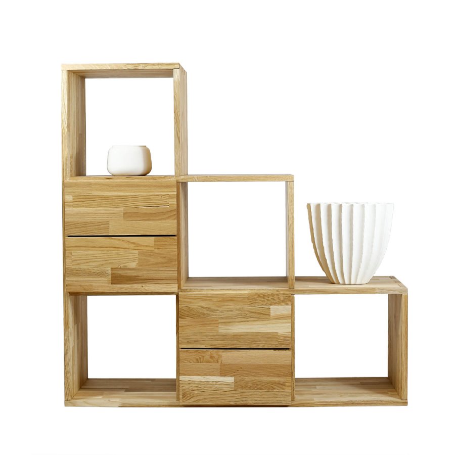 NOCNOI Puzzle asymmetrisk reol, m. 6 rum - massivt olieret eg (104x104)