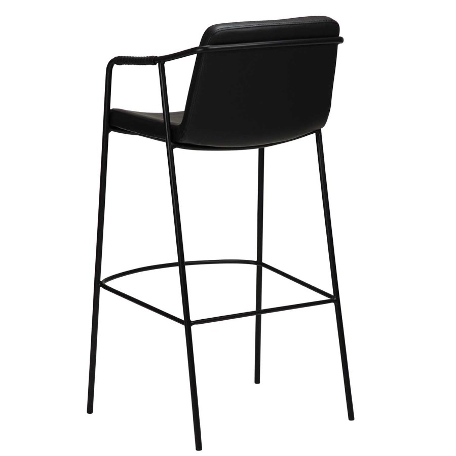 DAN-FORM Boto Barhocker, mit Rückenlehne und Fußstütze – Vintage schwarzes Kunstleder und schwarzer Stahl