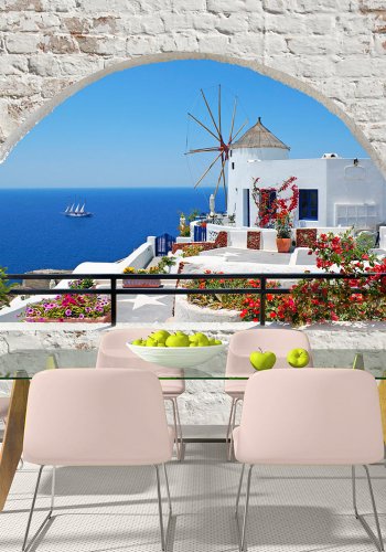 ARTGEIST fototapet - Summer in Santorini, Santorini set gennem vindue (flere størrelser)