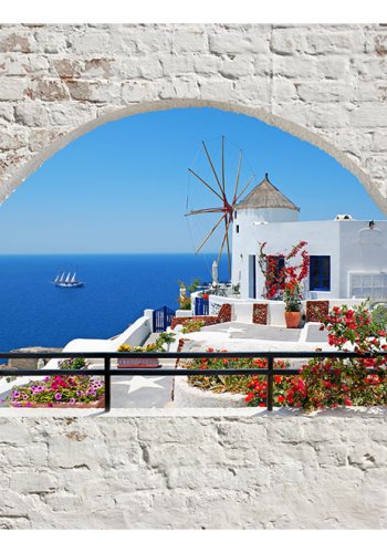 ARTGEIST fototapet - Summer in Santorini, Santorini set gennem vindue (flere størrelser)