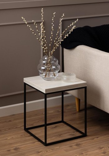 ACT NORDIC Barossa Couchtisch, quadratisch – beigefarbenes Papier in Travertinoptik und schwarzer Stahl (40x40)