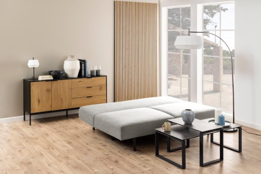 ACT NORDIC Malling bddsoffa, med utdragbar sng och 2 kuddar - ljusgrtt tyg och svart stl