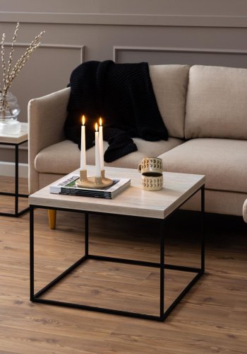 ACT NORDIC Barossa Couchtisch, quadratisch – beigefarbenes Papier in Travertinoptik und schwarzer Stahl (60x60)