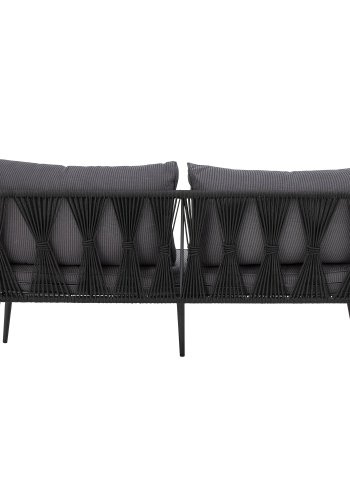 BLOOMINGVILLE Pavone Gartensofa, mit Armlehnen und dunkelgrauen Kissen – schwarzes Polyesterseil und schwarzes Metall
