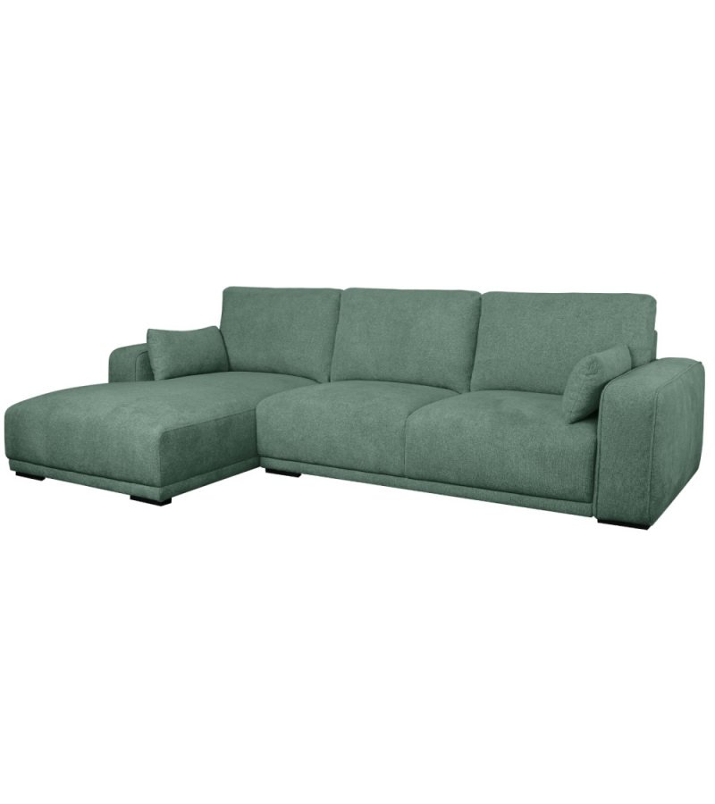 California-Sofa mit Chaiselongue links und 2 Armlehnen – grüner Stoff und schwarzes Metall