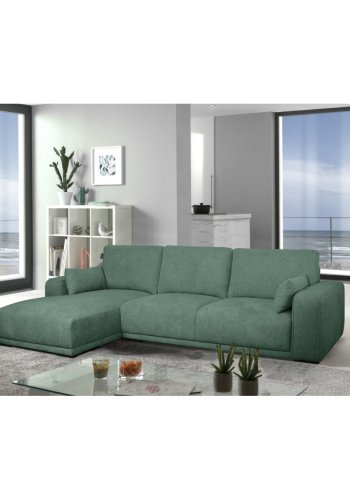California-Sofa mit Chaiselongue links und 2 Armlehnen – grüner Stoff und schwarzes Metall