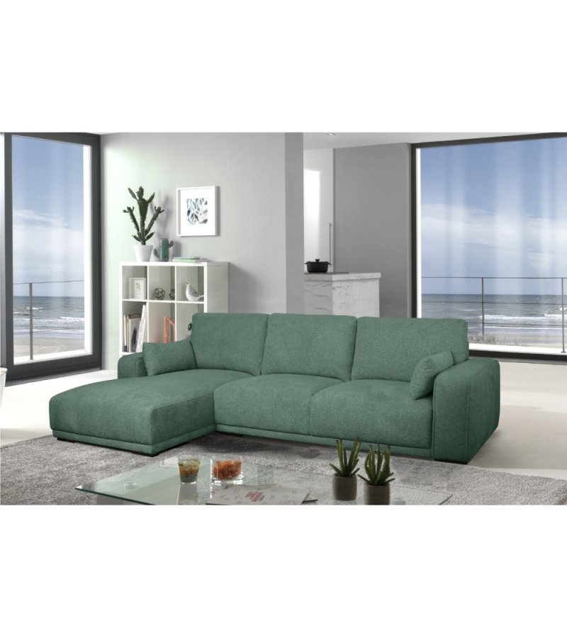 California-Sofa mit Chaiselongue links und 2 Armlehnen – grüner Stoff und schwarzes Metall