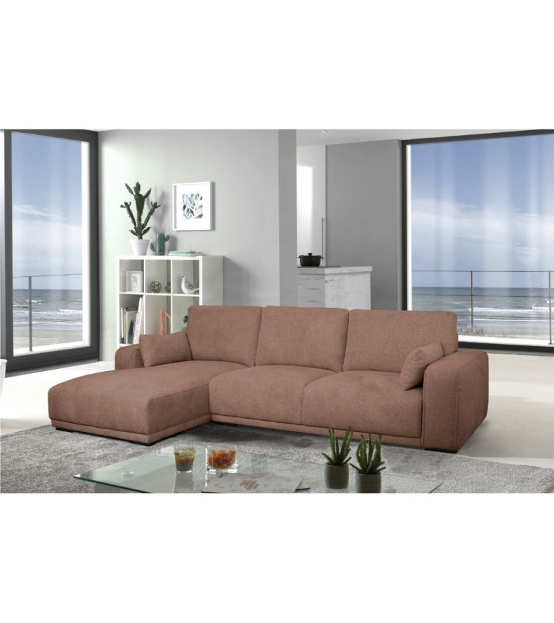 California-Sofa mit Chaiselongue links und 2 Armlehnen – rostfarbener Stoff und schwarzes Metall