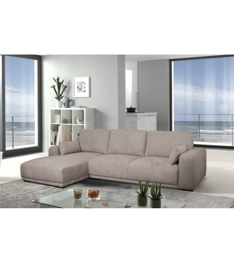 California-Sofa mit Chaiselongue links und 2 Armlehnen – brauner Stoff und schwarzes Metall