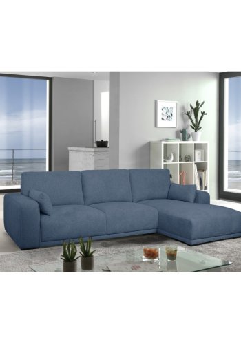 California-Sofa mit Chaiselongue rechts und 2 Armlehnen – blauer Stoff und schwarzes Metall